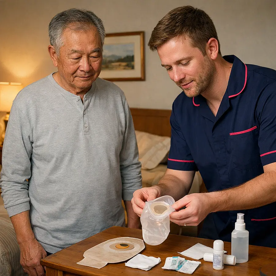 Realistic image of an older Asian man in a cosy bedroom standing near the bed with a calm expression while a younger white male caregiver in a 00072b tunic with e51974 piping gently demonstrates stoma bag supplies on a bedside table warm and reassuring atmosphere.