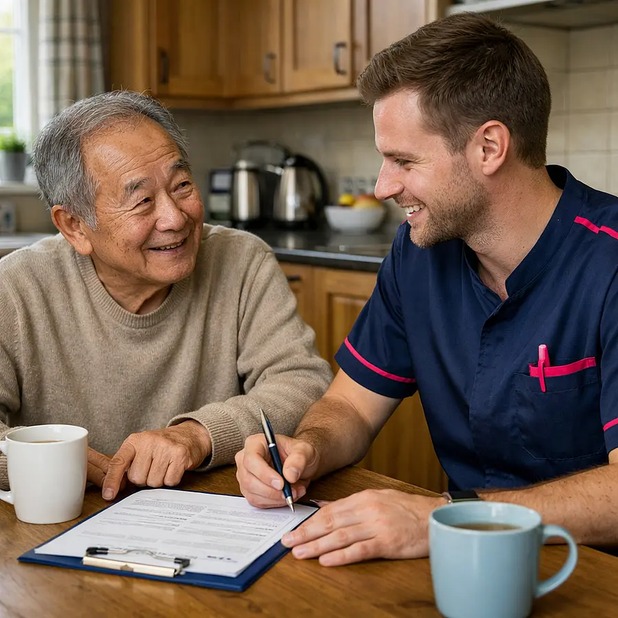 Realistic image of an older Asian man in a cosy kitchen smiling at a young white male caregiver wearing a 00072b tunic with e51974 accents as they discuss a written care plan at the table mugs of tea nearby atmosphere relaxed and collaborative.