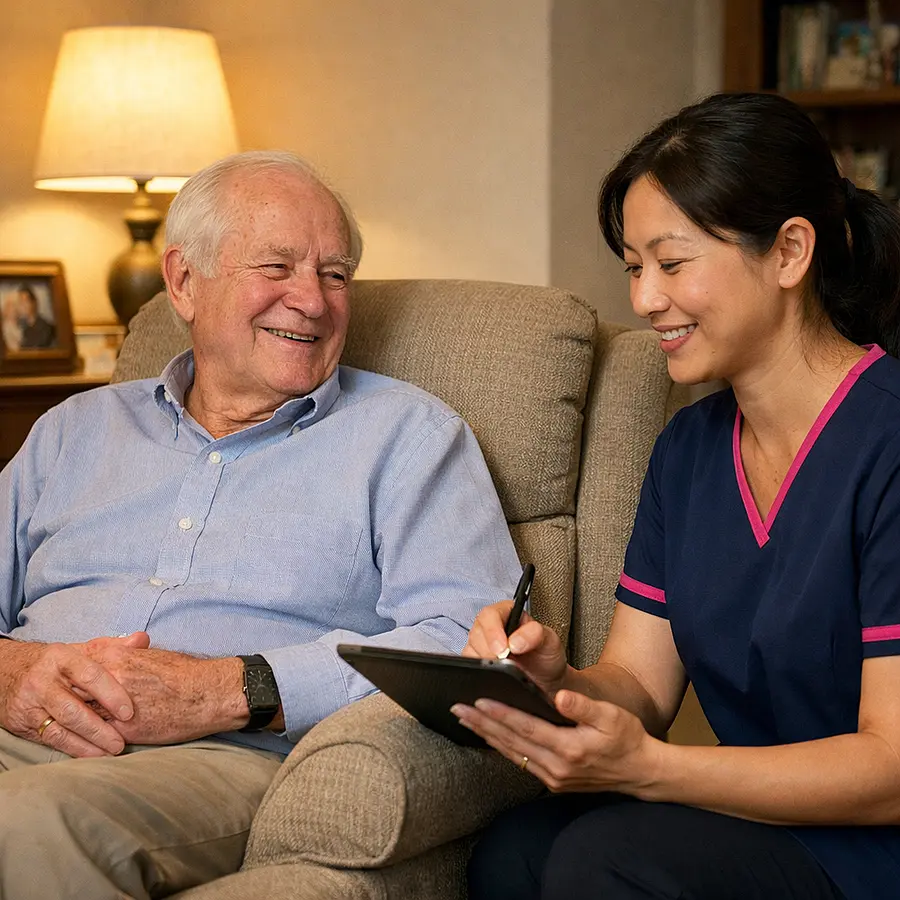 Realistic image of an older white man relaxing in his living room armchair while an Asian female caregiver in a 00072b tunic with e51974 trim notes visit details on a tablet both comfortable and at ease soft lamp light tidy homely environment.