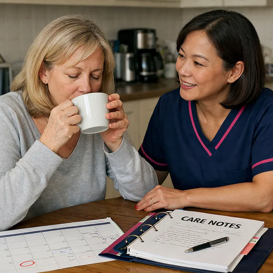 Realistic image showing a tired middle aged White woman sipping tea at a kitchen table while a kind looking Asian female caregiver in a 00072b tunic with e51974 trim talks with her supportively a calendar and care notes visible beside them.