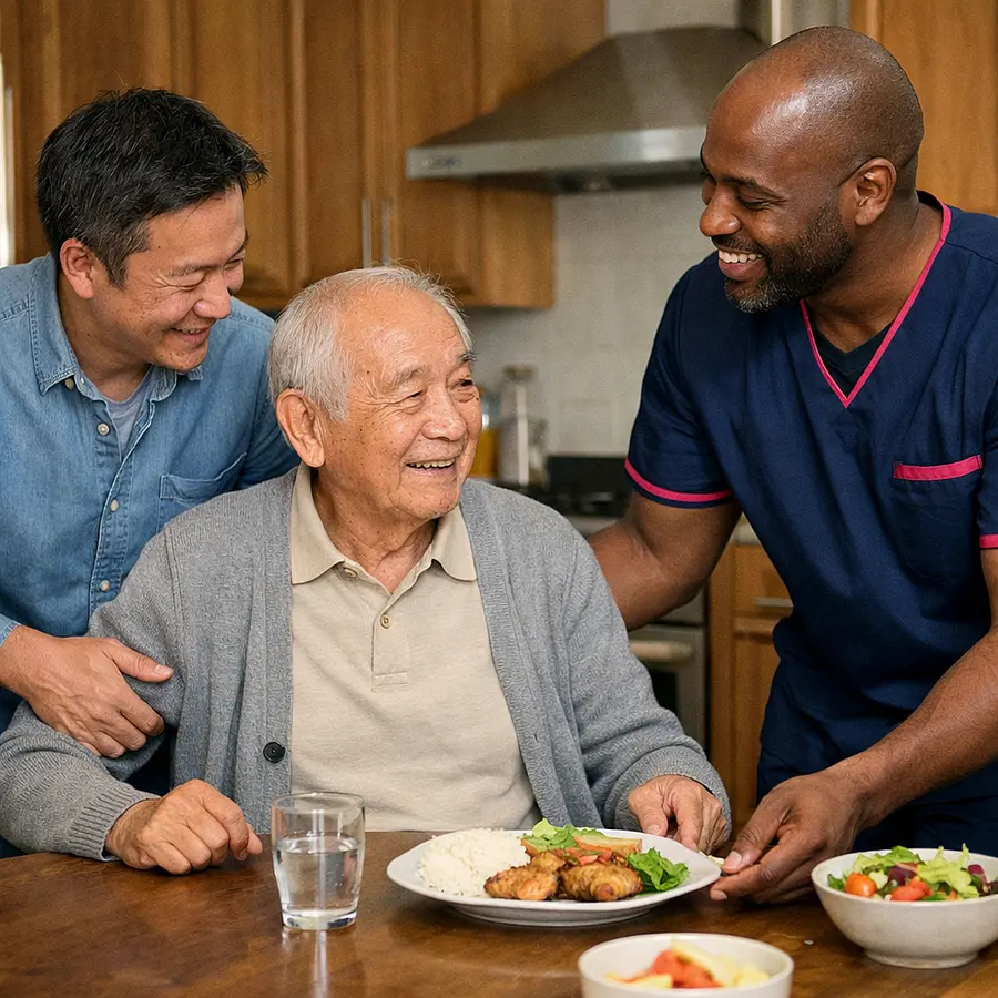 Realistic kitchen image of a middle aged Asian man supporting his elderly Asian father to sit at the table while a Black male caregiver in a 00072b tunic with e51974 detailing serves a simple meal all three sharing a relaxed conversation.