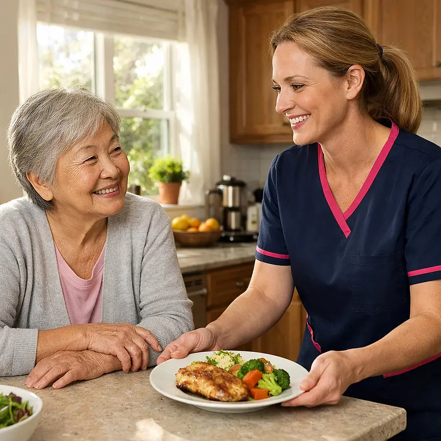 Realistic kitchen image of an elderly Asian woman leaning on the counter while a white female caregiver in a 00072b tunic with e51974 accents serves a freshly cooked meal both smiling sun streaming through the window home environment tidy and familiar.