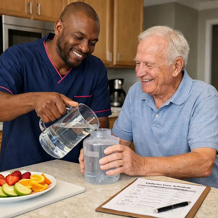 Realistic kitchen scene with a black male caregiver in a 00072b tunic with e51974 piping helping an older white man pour water into a jug sliced fruit nearby both smiling while they chat about a written catheter care schedule on the counter.