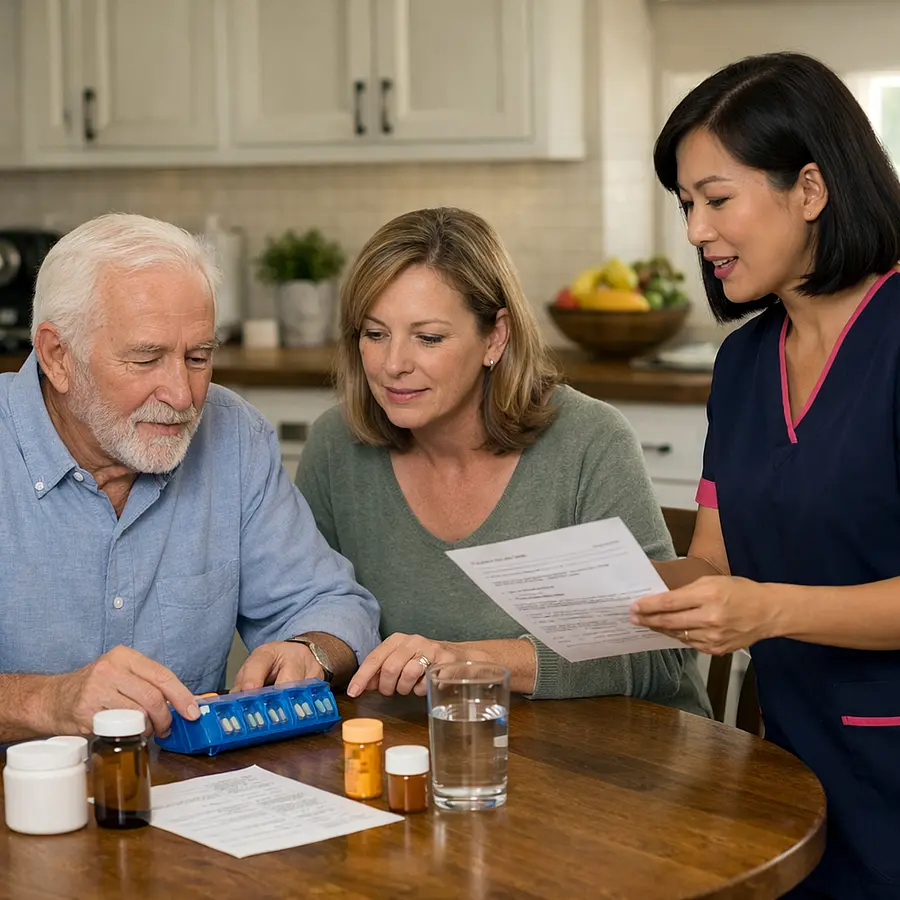 Realistic kitchen table scene with an elderly white man and his middle aged daughter setting up a pill organiser while an Asian female caregiver in a 00072b tunic with e51974 trim talks them through written instructions atmosphere organised and calm.