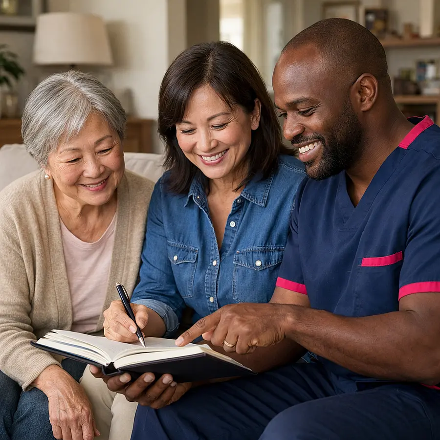 Realistic living room image of an elderly Asian woman her adult daughter and a Black male caregiver in a 00072b tunic with e51974 accents sitting together on a sofa looking at a shared notebook planning care tasks collaboratively with warm smiles.