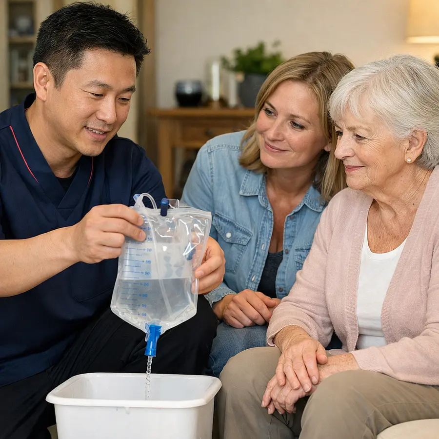 Realistic living room scene of an Asian male caregiver in a 00072b tunic with e51974 piping demonstrating catheter bag emptying using a demo bag while a middle aged white daughter watches closely beside her elderly mother all looking reassured.