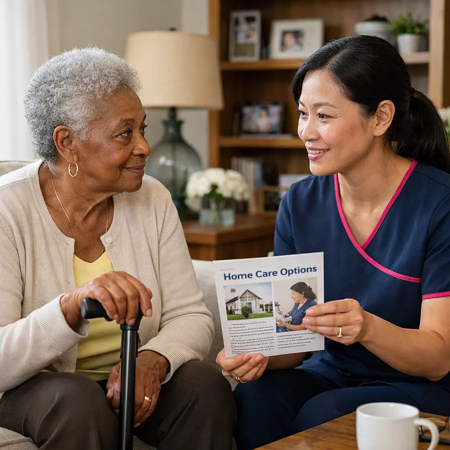 Realistic living room scene with an elderly Black woman using a walking stick listening attentively to an Asian female caregiver in a 00072b tunic with e51974 detailing who is gently explaining a leaflet about home care options both seated comfortably radiating calm and clarity.