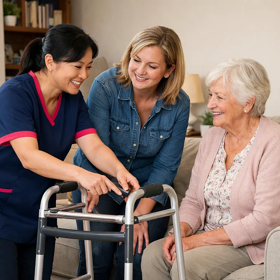 Realistic lounge scene with an Asian female caregiver in a 00072b tunic with e51974 trim showing a middle aged White daughter how to position a walking frame correctly for her elderly mother all three smiling and relaxed.