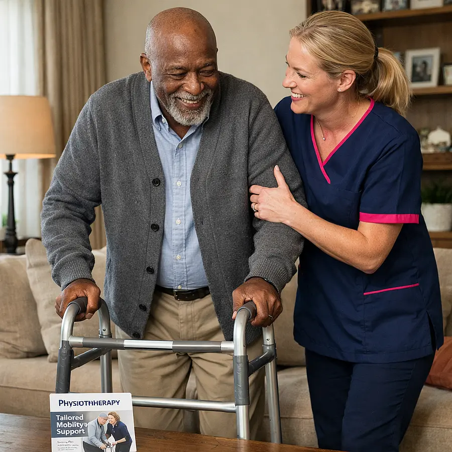 Realistic lounge scene with an elderly Black man using a frame to stand while a white female caregiver in a 00072b tunic with e51974 trim supports him both focused yet smiling a physiotherapy leaflet on the coffee table showing tailored mobility support.