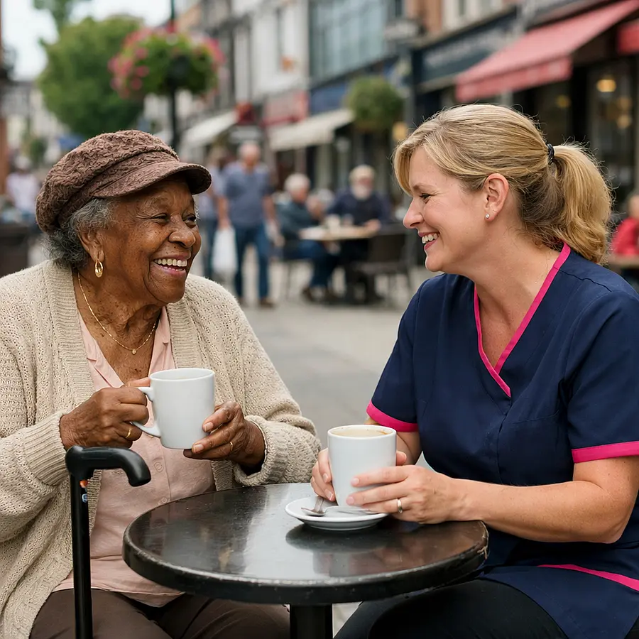 Realistic outdoor caf scene with an elderly Black woman using a walking stick seated at a small table chatting happily with a white female caregiver in a 00072b tunic with e51974 trim both with hot drinks bustling but calm high street in the background.