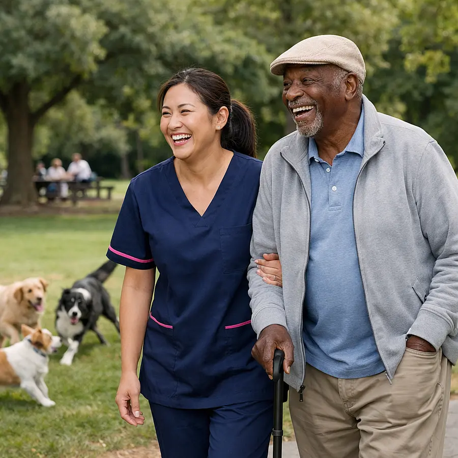 Realistic outdoor park scene with an Asian female caregiver in a 00072b tunic with e51974 accents walking beside an elderly black gentleman using a stick both laughing as they watch dogs playing catheter bag concealed under clothing relaxed and confident.