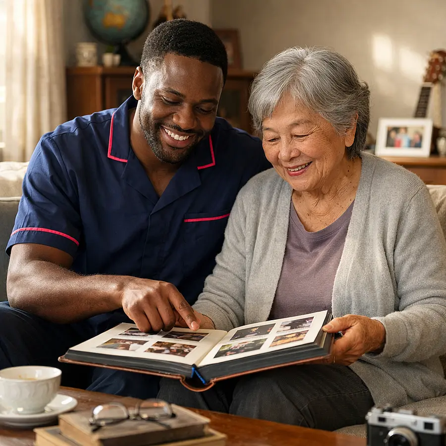 Realistic picture of a Black male caregiver in a 00072b tunic with e51974 piping sitting beside an elderly Asian woman on a sofa helping her look through a photo album both smiling gently afternoon light streaming in emphasising meaningful hobbies and memories.