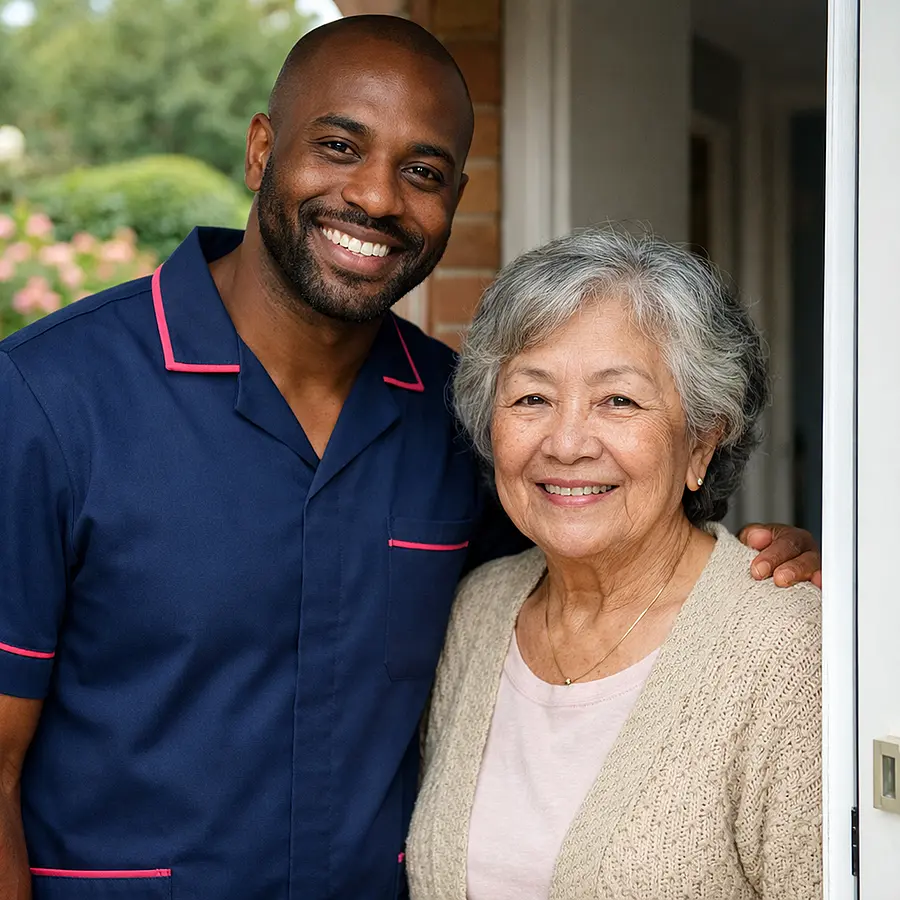 Realistic portrait style image of a smiling Black male caregiver in a 00072b tunic with e51974 piping standing beside an elderly Asian woman in her doorway both looking at the camera front garden visible conveying professionalism trust and warmth.