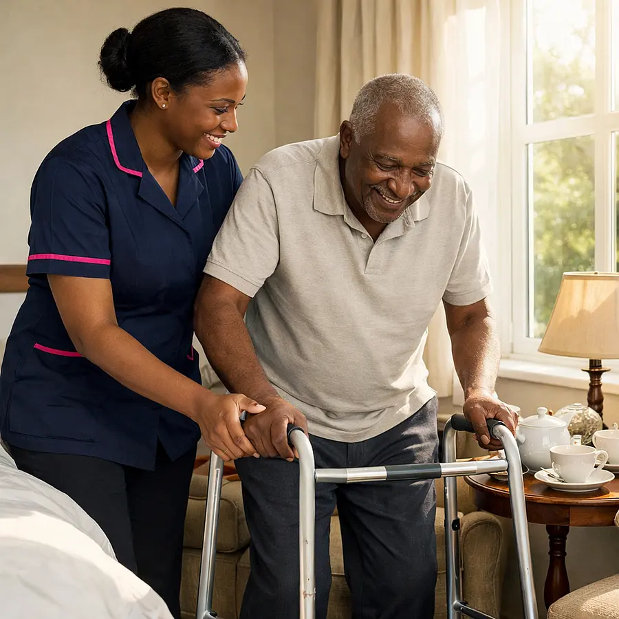 Realistic scene of a Black female caregiver in a 00072b tunic with e51974 trim using a walking frame to assist an elderly Black man to move from his bed to an armchair by the window both concentrating but smiling sunlight streaming in and a small table set with tea.