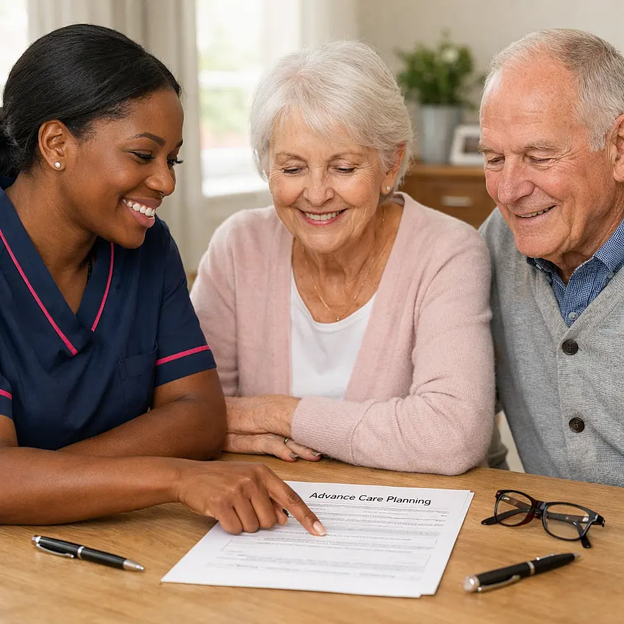 Realistic scene of a Black female caregiver in a 00072b tunic with e51974 trim sitting at a table with an elderly white couple pointing kindly to an advance care planning document while they discuss and smile gently pens and reading glasses on the table.