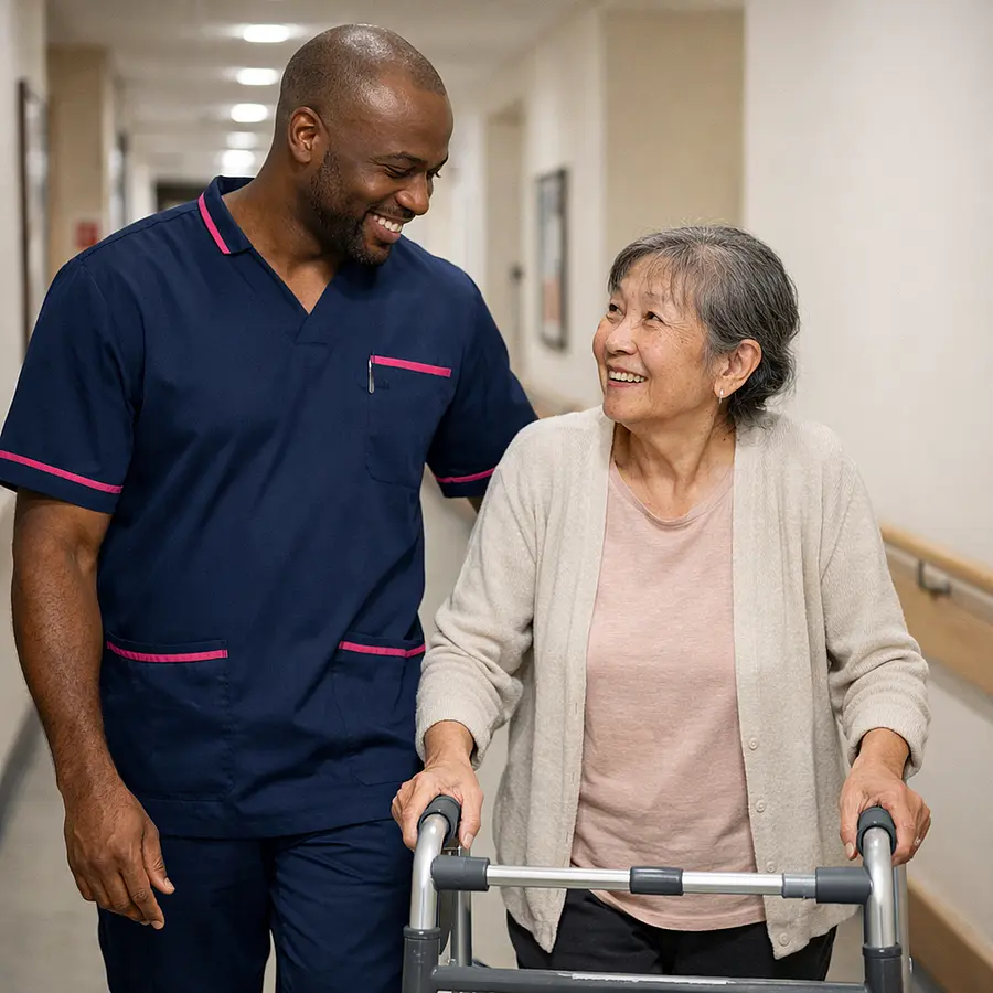 Realistic scene of a black male caregiver in a 00072b tunic with e51974 accents walking slowly down a hallway with a frail Asian woman using a walking frame both smiling and chatting reflecting reablement after lung cancer treatment.