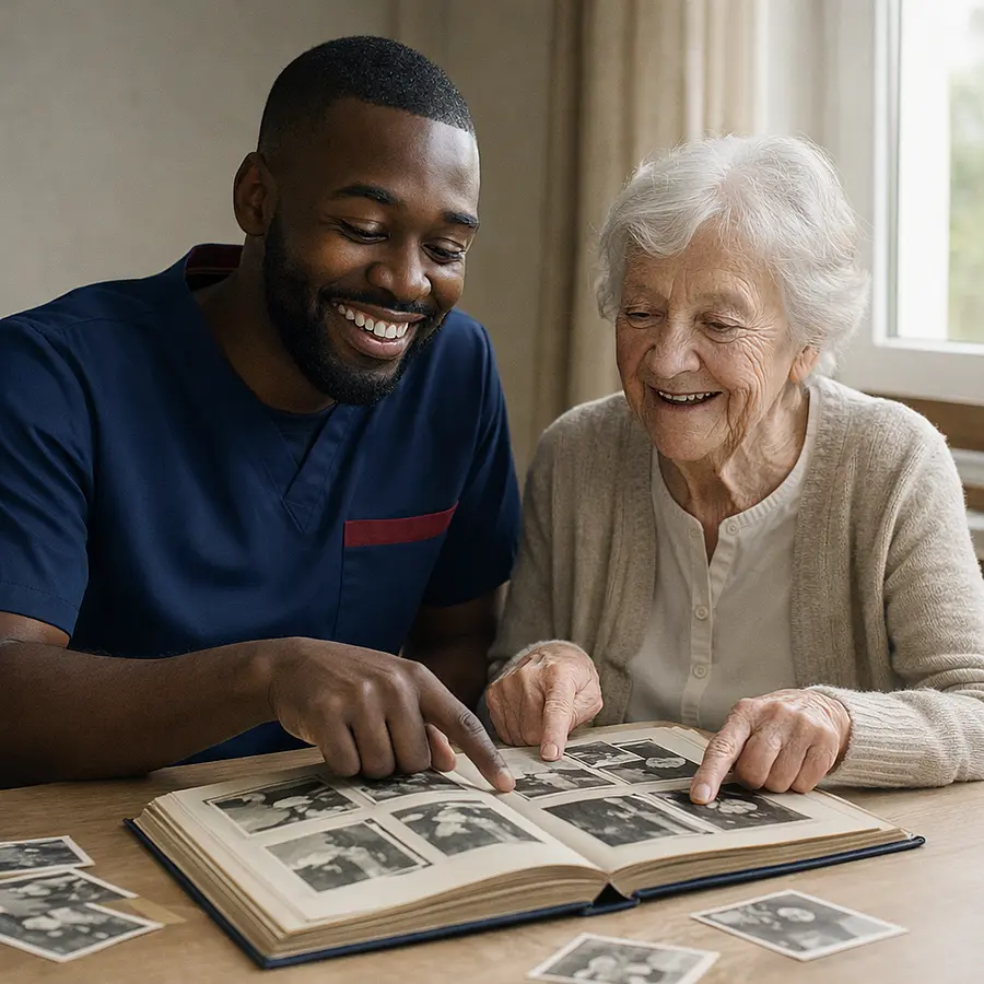 Realistic scene of a black male caregiver in a 00072b tunic with e51974 accent sitting with an older woman at a dining table open photo albums and old photographs spread out both smiling and pointing at pictures soft natural light through a nearby window.
