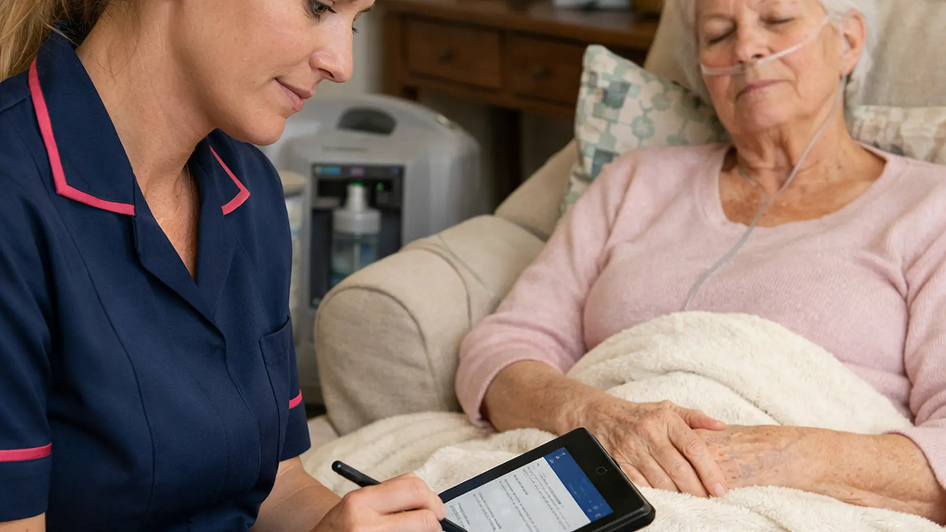 Realistic scene of a white female caregiver in a 00072b tunic with e51974 trim updating care notes on a tablet while a white older woman rests comfortably on a sofa with oxygen nearby illustrating changing levels of lung cancer support at home.