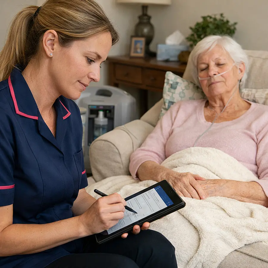 Realistic scene of a white female caregiver in a 00072b tunic with e51974 trim updating care notes on a tablet while a white older woman rests comfortably on a sofa with oxygen nearby illustrating changing levels of lung cancer support at home.