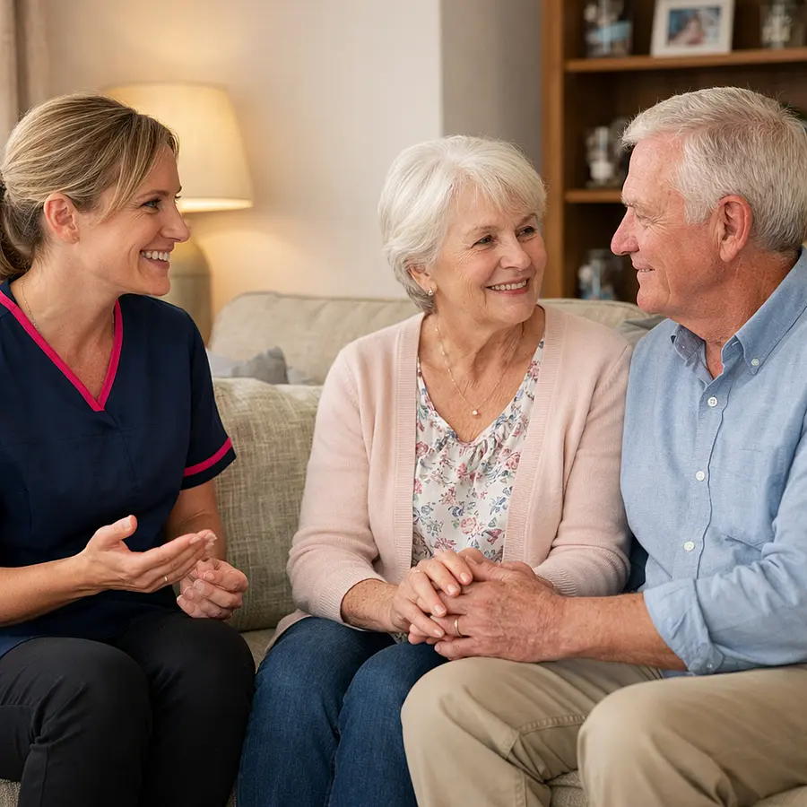 Realistic scene of a white female caregiver in a 00072b tunic with e51974 trim sitting with an older white couple on their sofa the caregiver gently facilitating a conversation while both partners hold hands atmosphere supportive and calm.