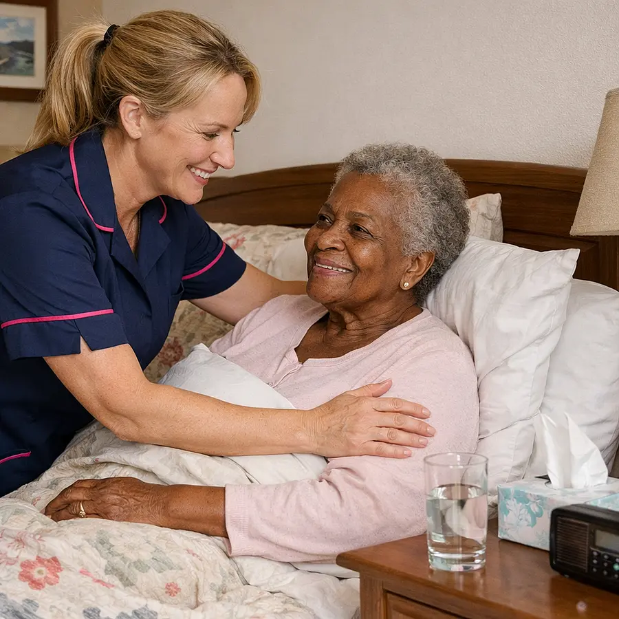 Realistic scene of a white female caregiver in a 00072b tunic with e51974 piping carefully supporting an elderly Black woman to sit up in bed with extra pillows both smiling softly bedside table with water tissues and a small radio homely bedroom decor.