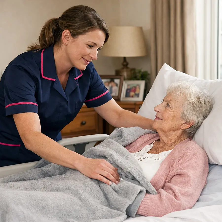 Realistic scene of a white female caregiver in a 00072b tunic with e51974 piping adjusting cushions and a blanket around a frail white woman in a hospital bed set up in the living room the carer listening attentively with a caring expression family photos visible on a sideboard.