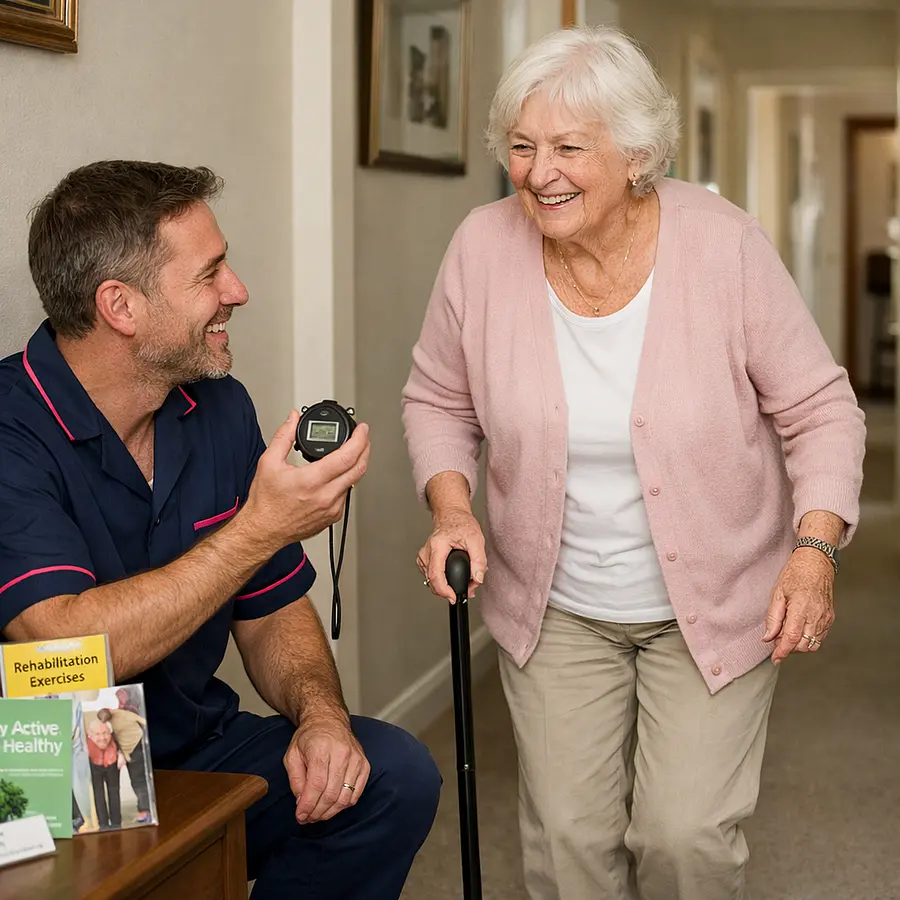 Realistic scene of a white male caregiver in 00072b tunic with e51974 accents timing an elderly white woman with a stopwatch as she walks a short distance in her hallway using a stick both smiling at her progress rehabilitation leaflets visible on a side table.