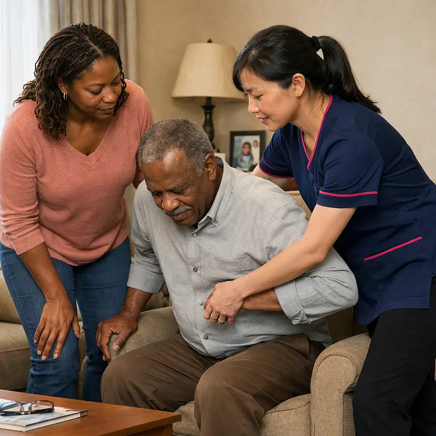 Realistic scene of an Asian female caregiver in a 00072b tunic with e51974 piping showing a middle aged black woman how to safely assist her older father to stand from a chair demonstrating proper technique in a modest living room.