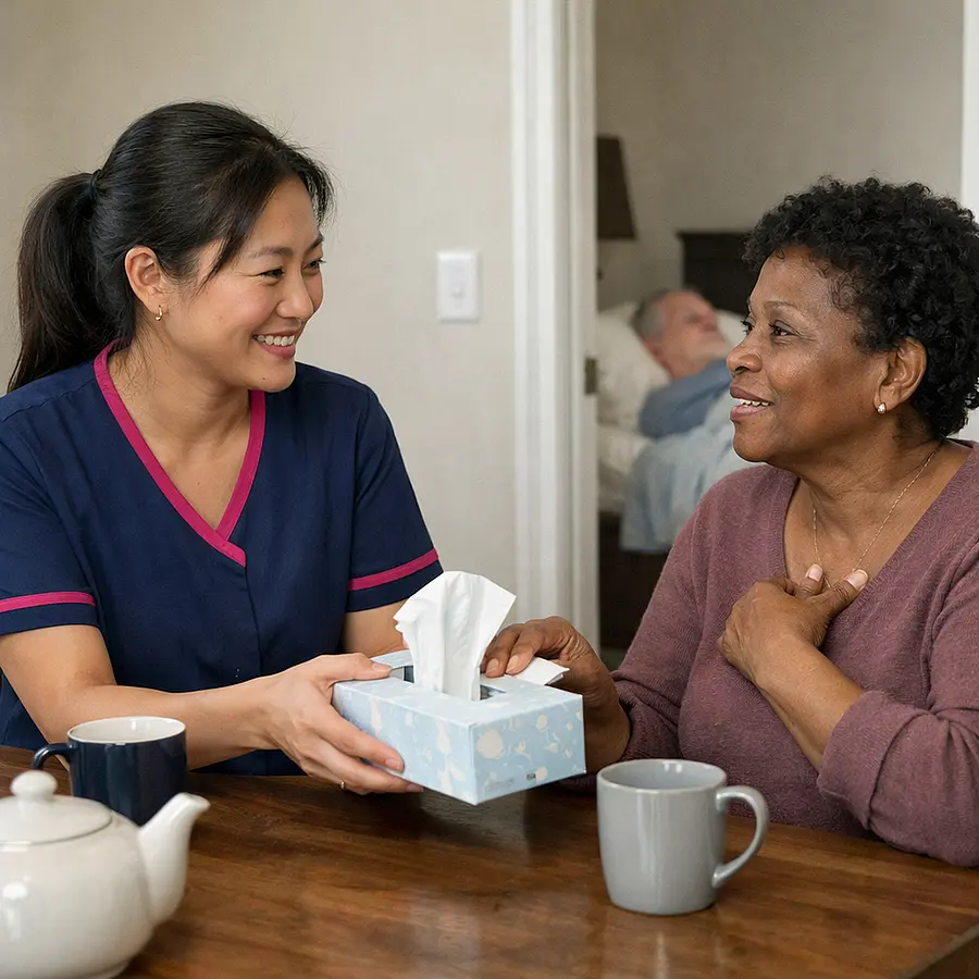 Realistic scene of an Asian female caregiver in a 00072b tunic with e51974 trim sitting at a dining table with a middle aged Black woman offering tissues and listening warmly while they talk a teapot and two mugs on the table bedroom doorway to a resting patient in the background.