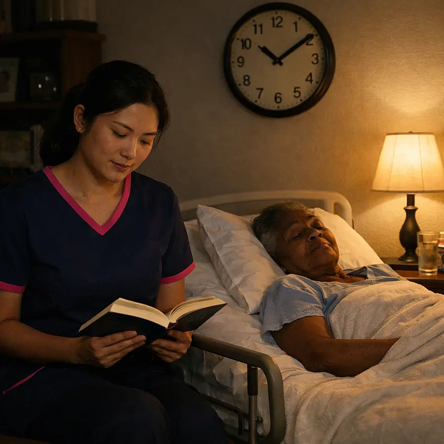 Realistic scene of an Asian female caregiver in a 00072b tunic with e51974 trim quietly reading a book beside an elderly Black woman who is sleeping in a hospital style bed in the living room at night only a small lamp on clock showing late evening atmosphere calm and watchful.