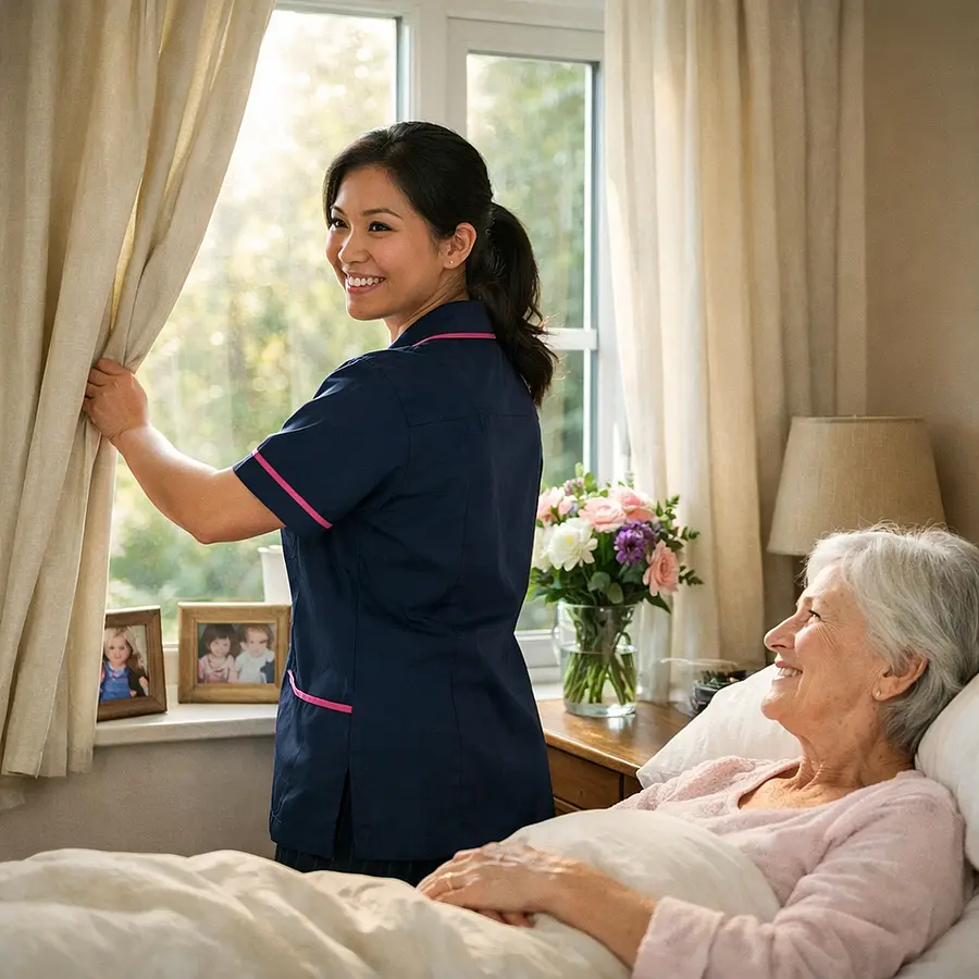 Realistic scene of an Asian female caregiver in a 00072b tunic with e51974 accents opening curtains in a cosy bedroom smiling towards an older white woman in bed sunlight coming in family photos and flowers on the windowsill atmosphere of quiet morning routine and safety.