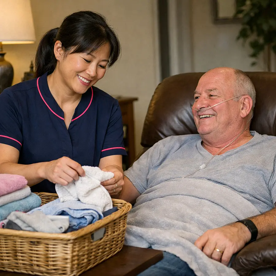 Realistic scene of an Asian female caregiver in a 00072b tunic with e51974 piping folding laundry beside a resting white man on a recliner both chatting pleasantly symbolising domestic support during lung cancer care.