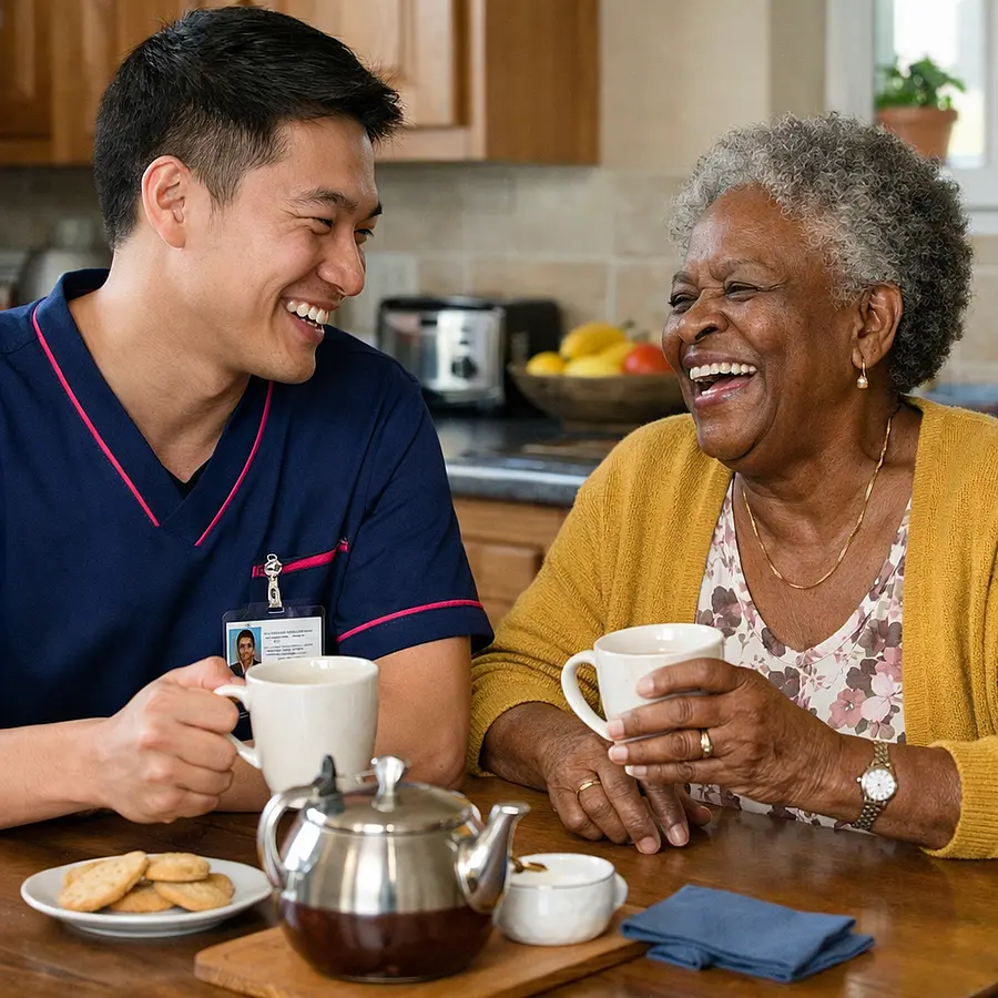 Realistic scene of an Asian male caregiver in a 00072b tunic with e51974 accents sharing a laugh over tea with an older black woman in her kitchen catheter bag discreetly hidden showing warmth acceptance and normal everyday life.
