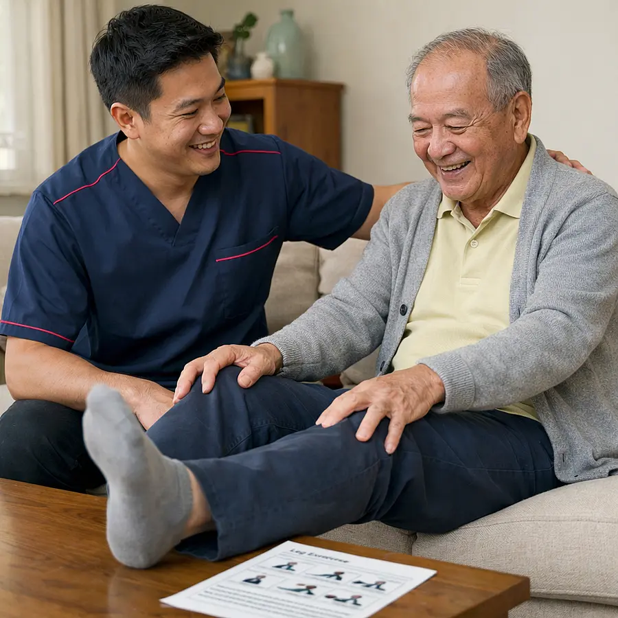 Realistic scene of an Asian male caregiver in a 00072b tunic with e51974 detail gently guiding an elderly Asian man through seated leg exercises in his lounge both smiling with a clear exercise sheet on the coffee table and supportive body language.