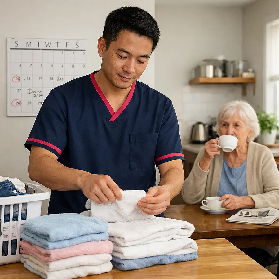 Realistic scene of an Asian male caregiver in a 00072b tunic with e51974 trim calmly folding laundry in a bright kitchen while an elderly white woman sits at the table sipping tea wall calendar visible signalling structured reassuring daily routines.