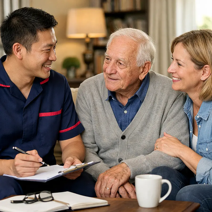 Realistic scene of an Asian male caregiver in a 00072b tunic with e51974 trim talking kindly with a white middle aged woman and her older father in a lounge all seated together planning support.