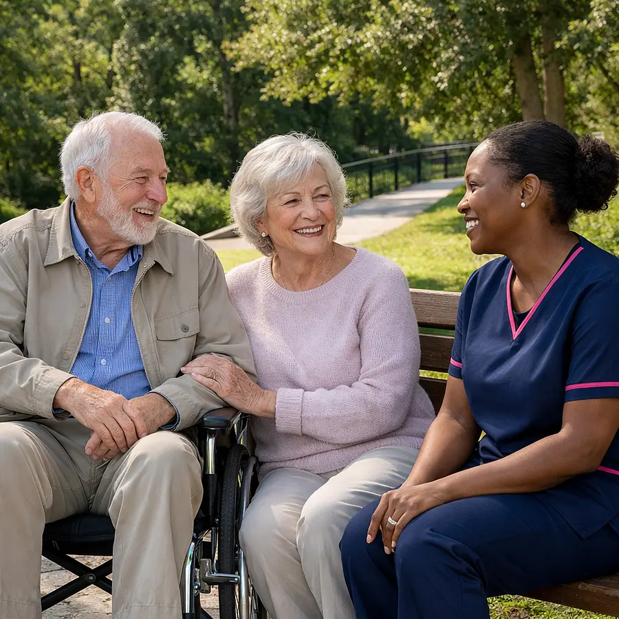 Realistic scene of an elderly White couple being accompanied by a Black female caregiver in a 00072b tunic with e51974 accent as they sit on a park bench one using a wheelchair everyone chatting happily with greenery and an accessible path in view.