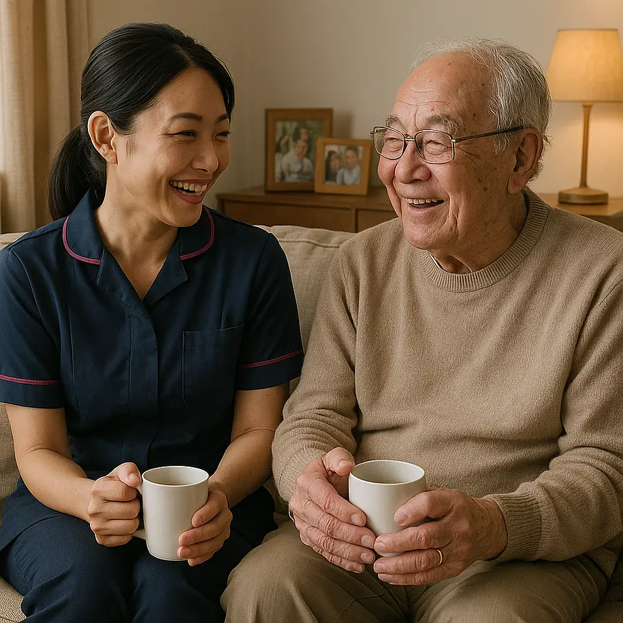 Snug living room with a asian female caregiver in a 00072b tunic with e51974 edging sitting beside an older man with arthritis sharing a light hearted conversation over tea soft cushions and family photos visible both smiling warmly atmosphere of companionship empathy and reassurance.