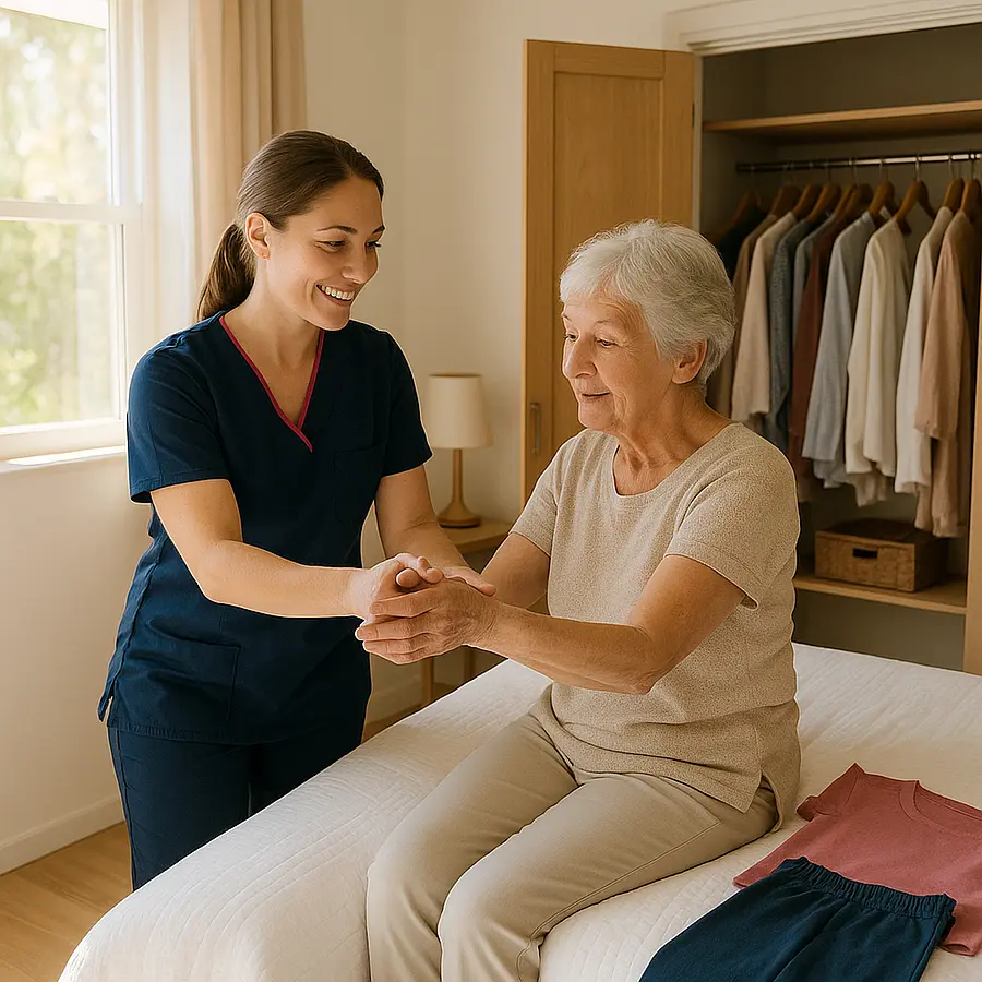 Sunlit bedroom with a caucasian female caregiver in a 00072b tunic with e51974 trim helping an older woman gently stretch her hands before getting dressed wardrobe open clothes neatly laid out on the bed both chatting comfortably atmosphere of patient guidance and encouragement.