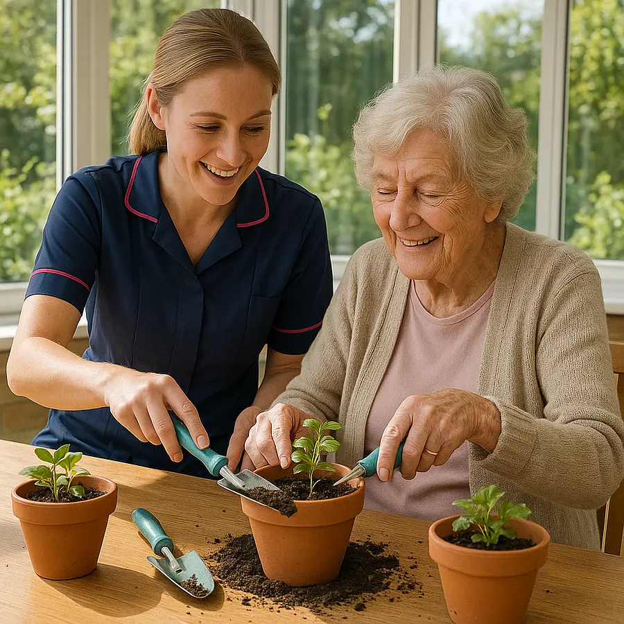 Sunny conservatory with a caucasian female caregiver in a 00072b tunic with e51974 trim helping an older lady with arthritis pot small plants at a table using lightweight tools both engaged and smiling greenery visible outside relaxed and enjoyable atmosphere focused on maintaining cherished hobbies