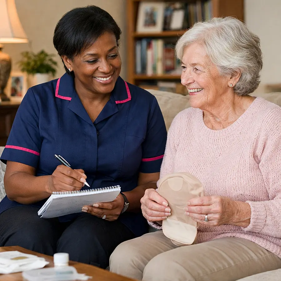 Warm realistic photo of a middle aged Black female caregiver in a navy 00072b tunic with e51974 trim sitting beside an older white woman in her living room discussing a colostomy care routine with a notepad both smiling and relaxed homely surroundings soft natural light.