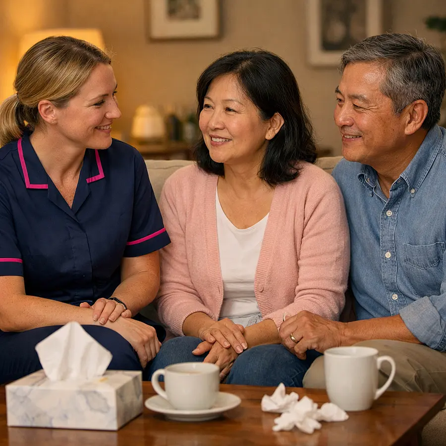 Warm realistic photo of a white female caregiver in a 00072b tunic with e51974 trim sitting on a sofa with a middle aged Asian couple all talking gently tissues and tea on the table soft lighting creating a safe supportive atmosphere.