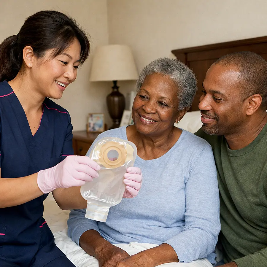 Warm realistic photo of an Asian female caregiver in a 00072b tunic with e51974 details demonstrating stoma bag handling with gloves to an attentive adult son beside his older Black mother in a bedroom everyone engaged and reassured.