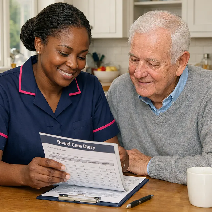 Warm realistic scene of a Black female caregiver in a navy 00072b tunic with e51974 trim sitting at a kitchen table with an older white male client discussing a bowel care diary together both smiling gently and appearing reassured in a bright homely kitchen.