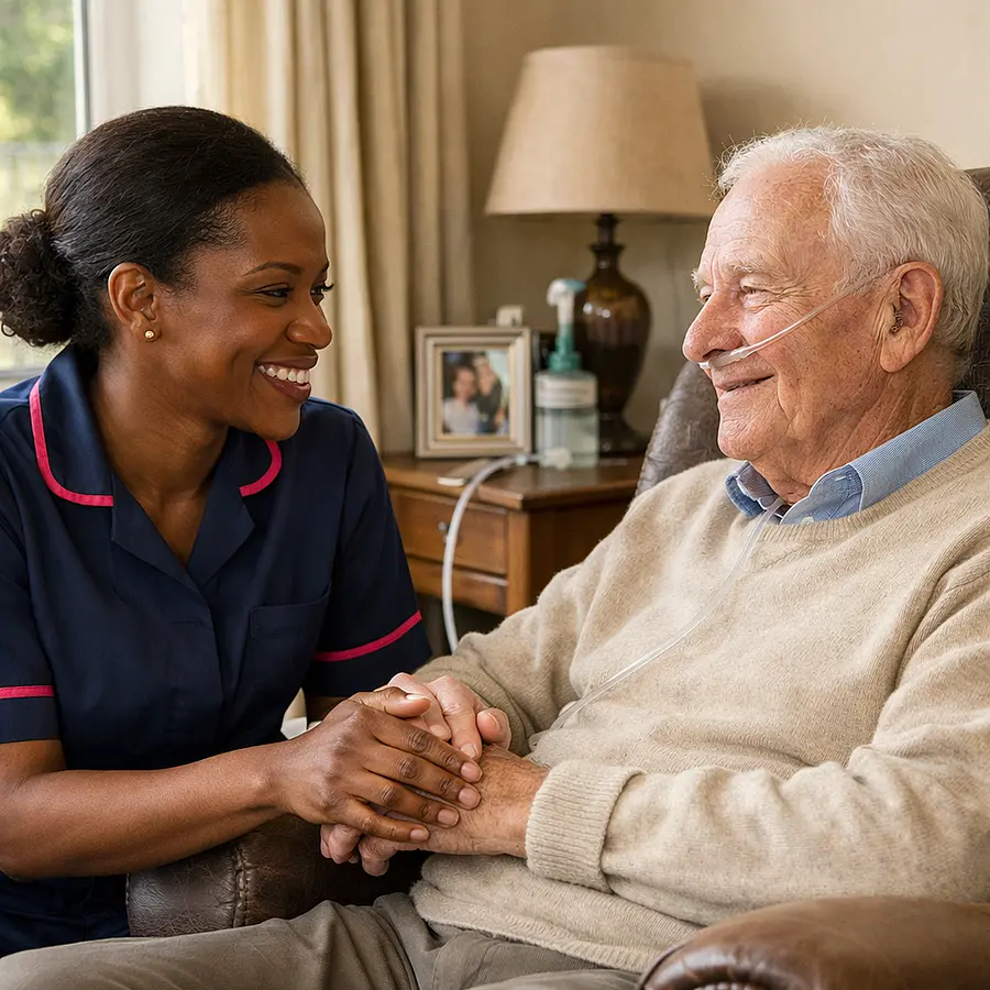 Warm realistic scene of a Black female caregiver in a navy 00072b tunic with e51974 trim sitting beside an elderly white man in his armchair at home gently holding his hand and smiling reassuringly soft afternoon light through the window oxygen equipment discreetly in the background calm and comfort