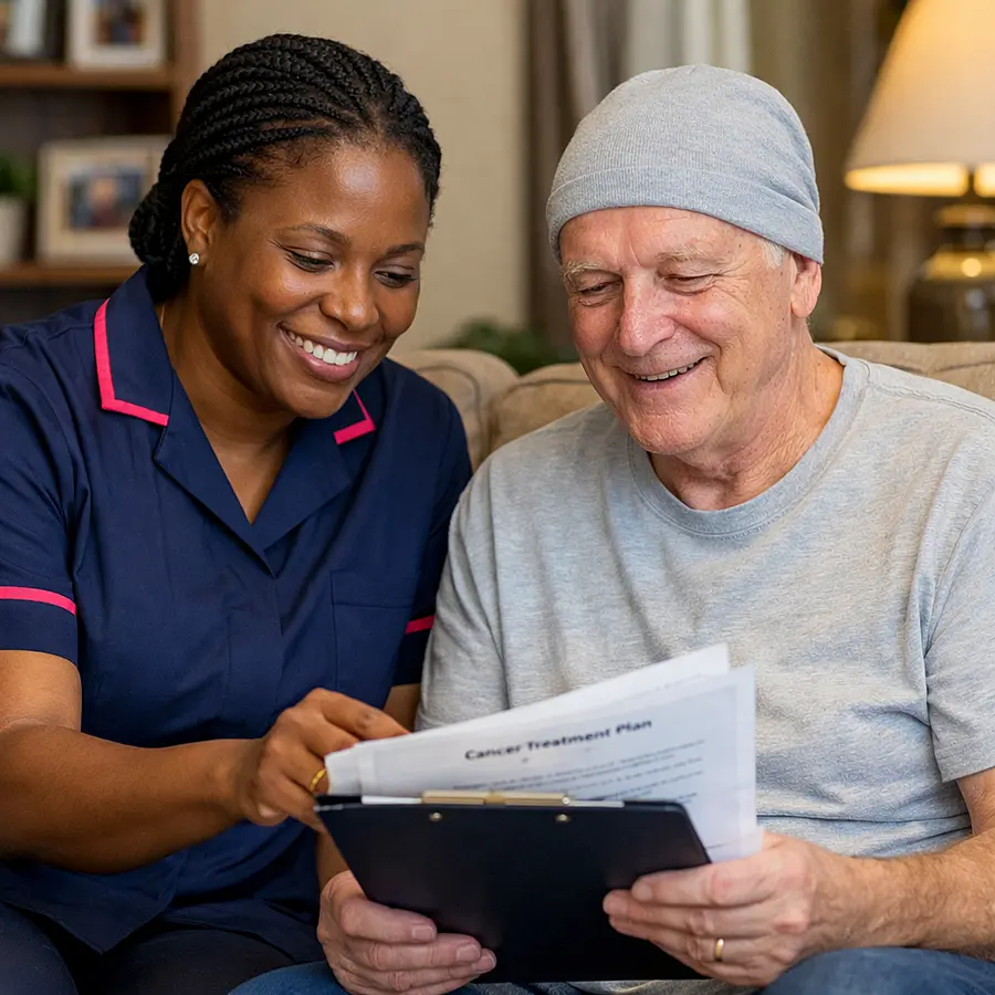 Warm, realistic scene of a Black female caregiver in a navy #00072b tunic with #e51974 accents, sitting beside a white male client in his living room, both smiling as they look at some paperwork about his cancer treatment, conveying reassurance and calm home support.
