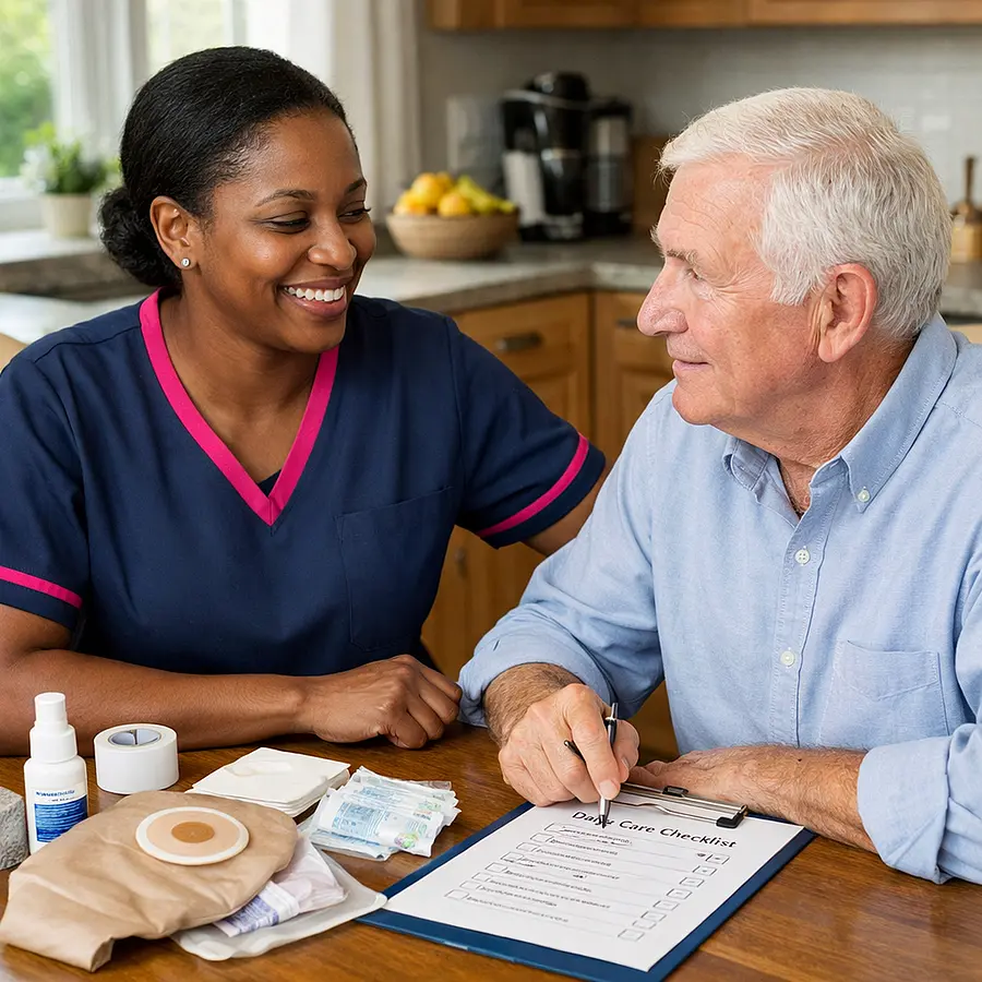 Warm realistic scene of a Black female caregiver in a 00072b tunic with e51974 trim smiling reassuringly while sitting beside an older white male at his kitchen table discussing colostomy supplies and a daily care checklist bright homely kitchen natural daylight calm and confident atmosphere.