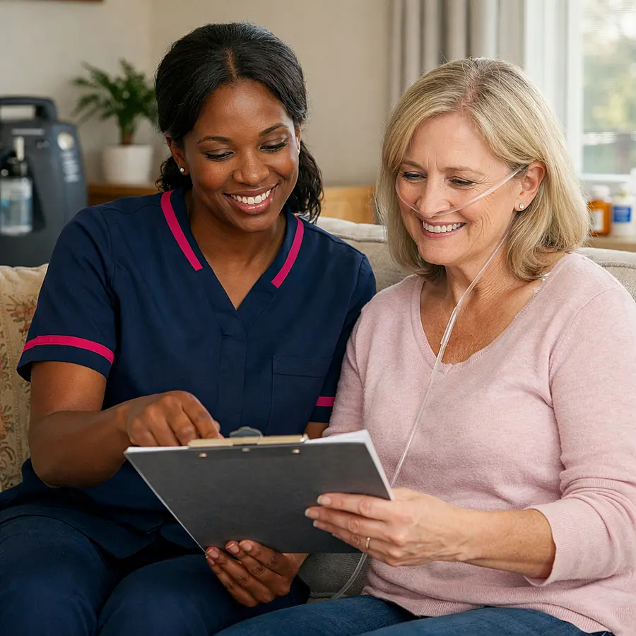 Warm realistic scene of a black female caregiver in a 00072b tunic with e51974 trim sitting beside a middle aged white woman on a sofa reviewing paperwork together and smiling in a bright living room that suggests home based lung cancer care and reassurance.
