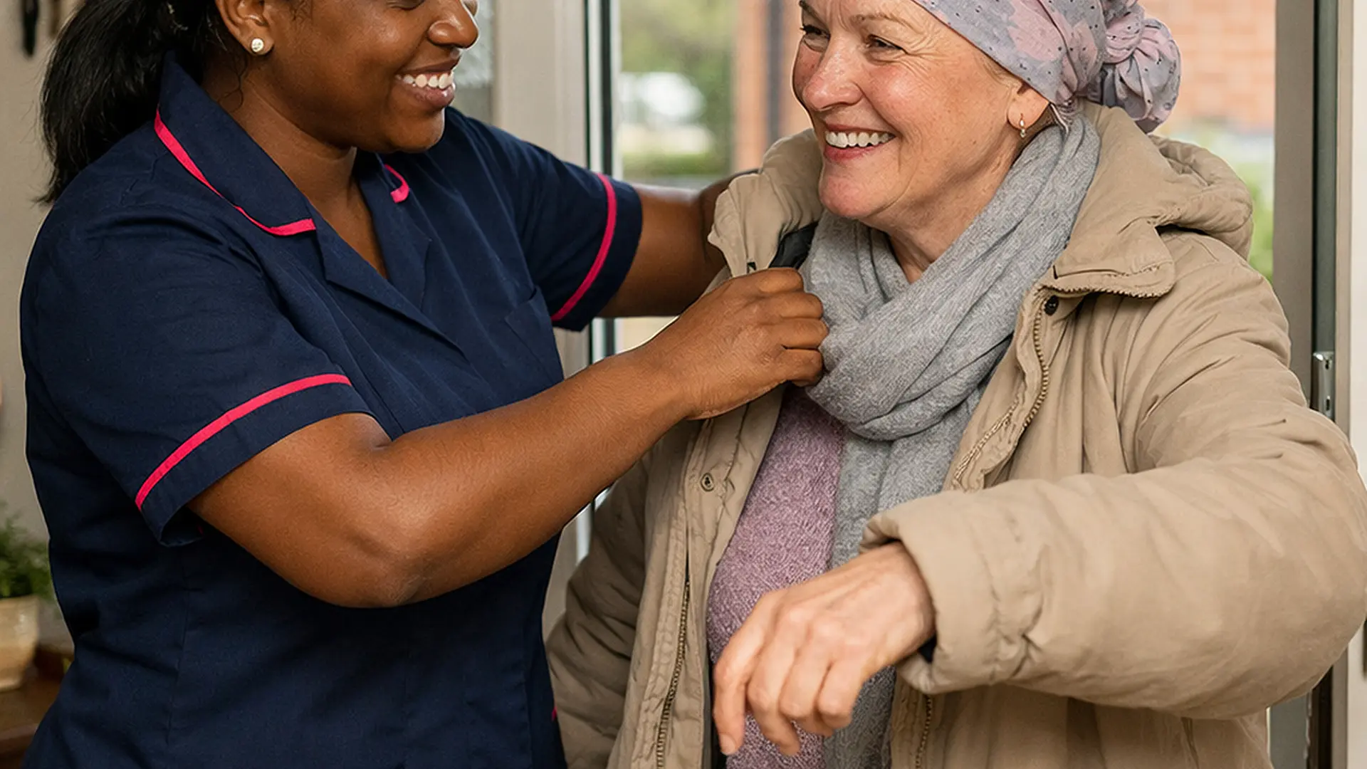 Warm realistic scene of a black female caregiver in a 00072b tunic with e51974 piping helping a white woman with a headscarf put on a coat near the front door both chatting and smiling before a hospital appointment.