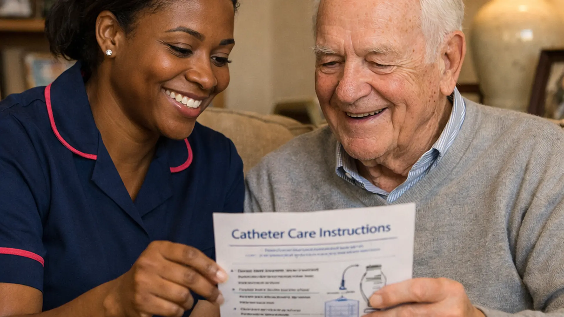 Warm realistic scene of a black female caregiver in a navy 00072b tunic with e51974 piping sitting beside an older white male in his living room both smiling as they look over catheter care instructions together showing reassurance and trust in a homely setting.
